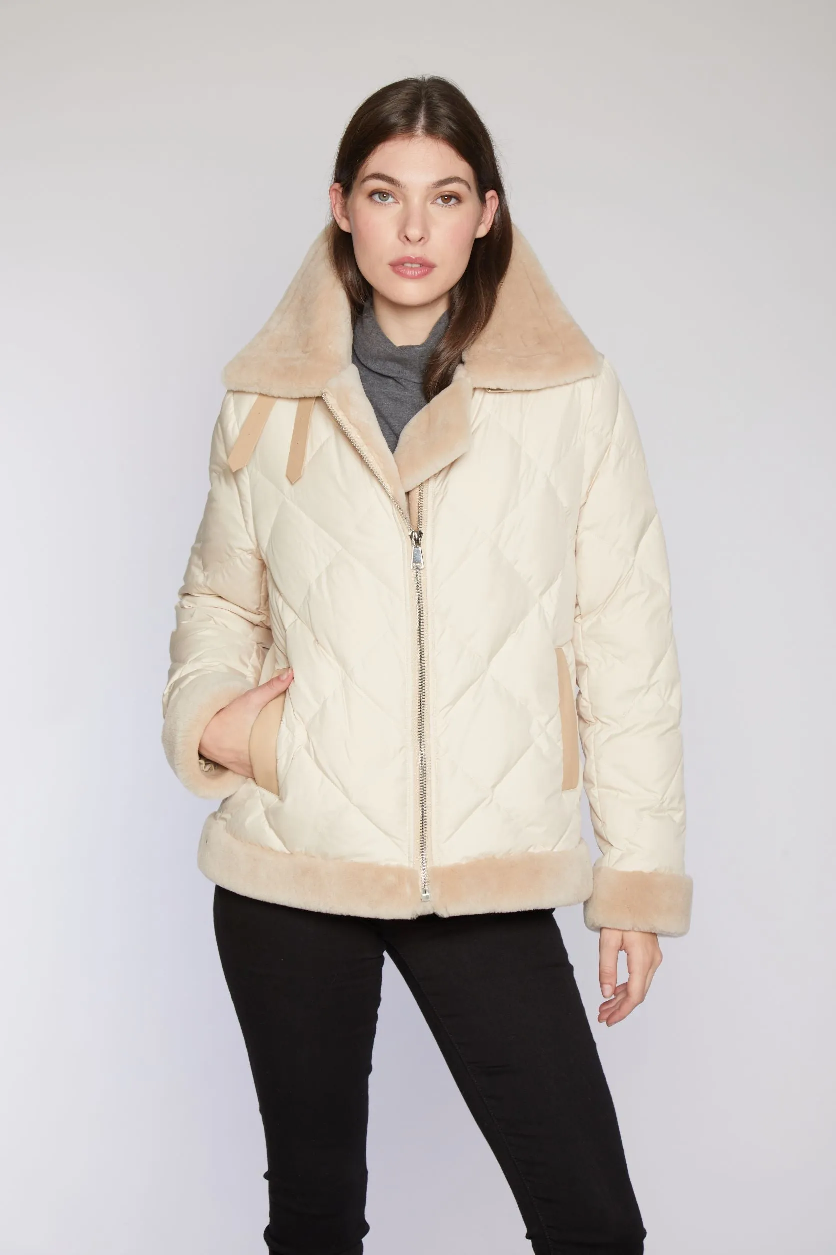 #223 Vegan Fur Contempo  Quilted Moto Jacket   Clearance  $175