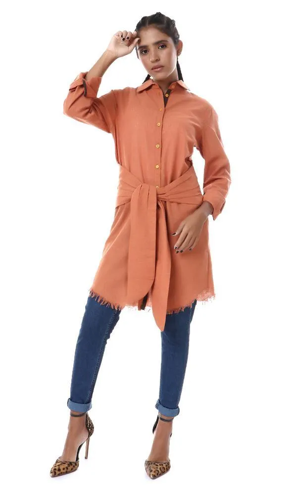 56549 Distressed Trim Full Sleeves Long Shirt - Burnt Orange