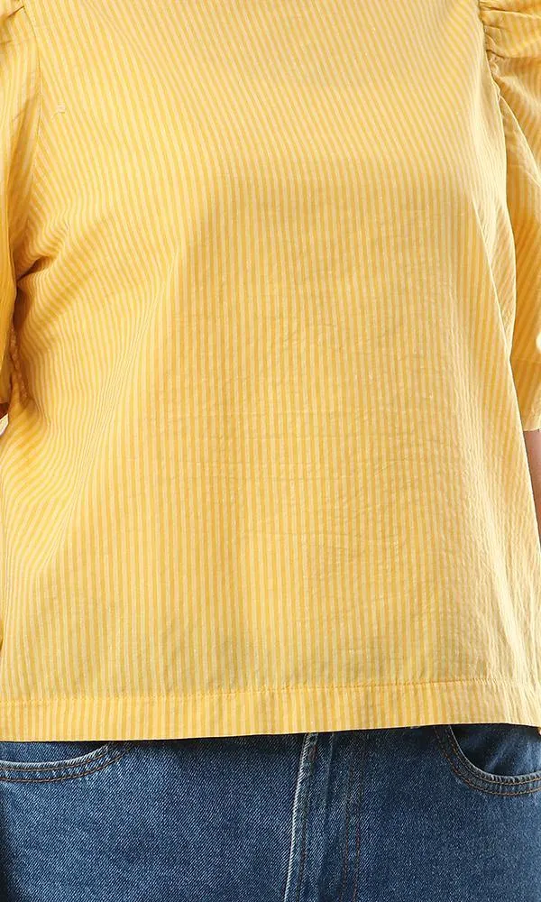 56571 Puffed Short Sleeves Striped Mustard Blouse