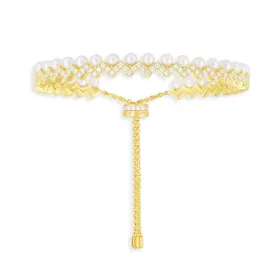 Adjustable Up And Down Bracelet with Pearls - Yellow Silver