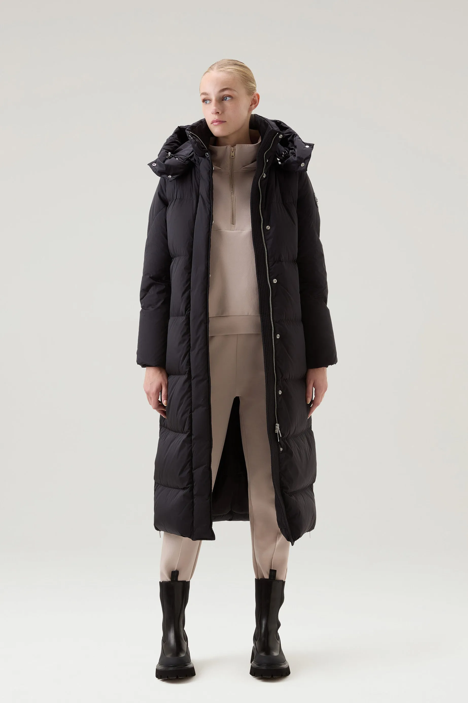 Aurora Long Parka in Stretch Nylon Black