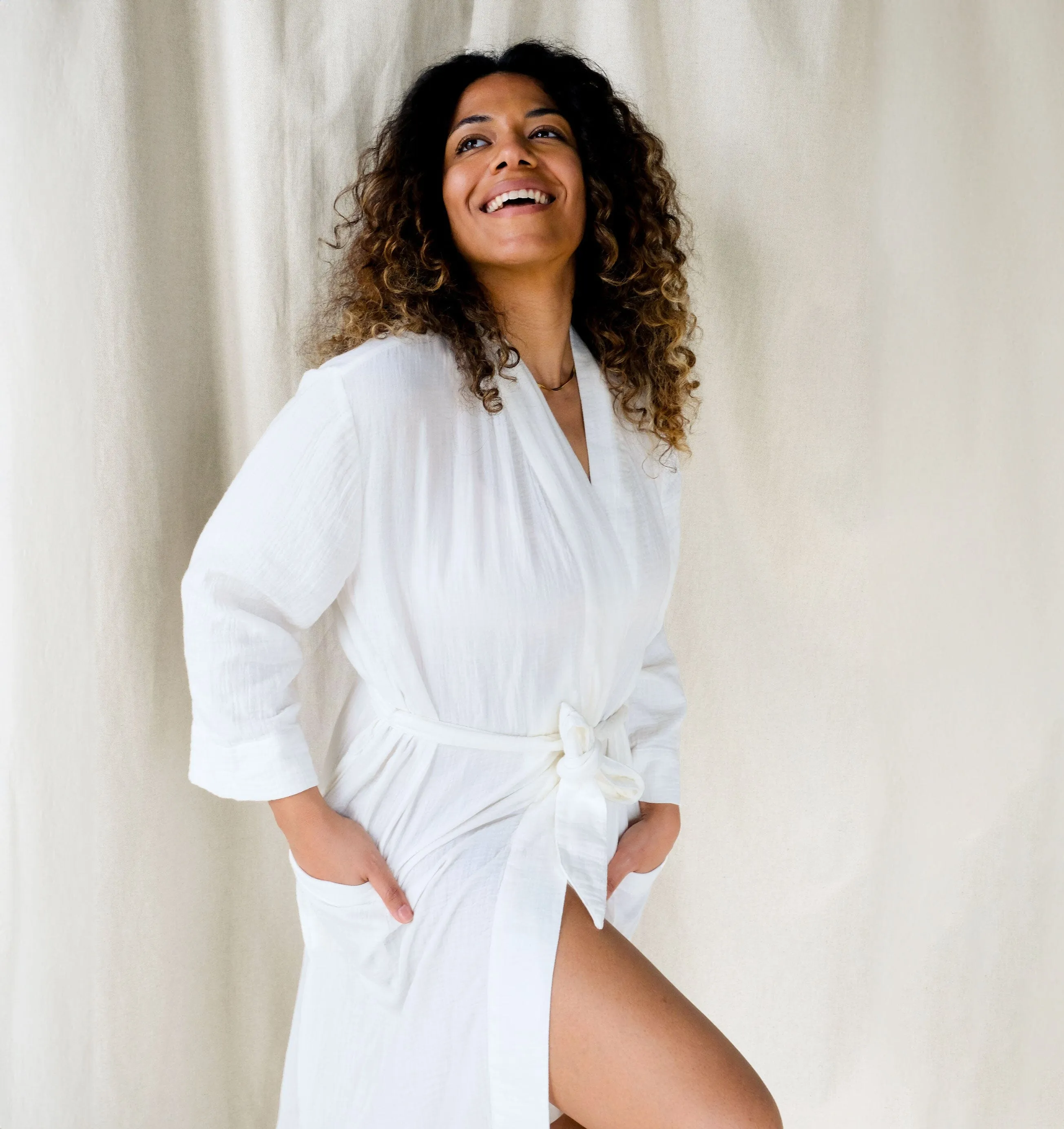 Belted cotton robe [Linen White]