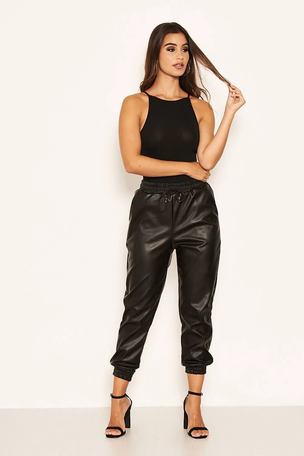 Black Faux Leather Joggers