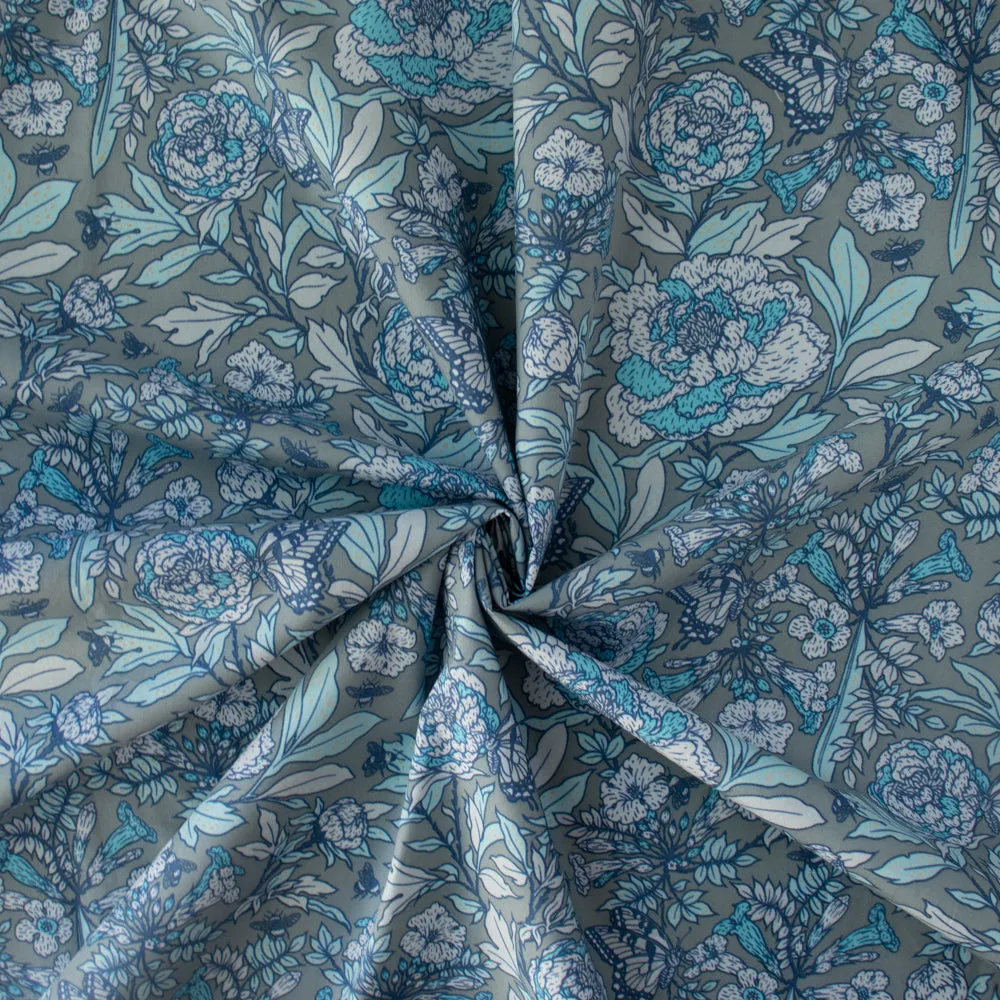 Bountiful Organic Poplin: Peonies Tonal Blue