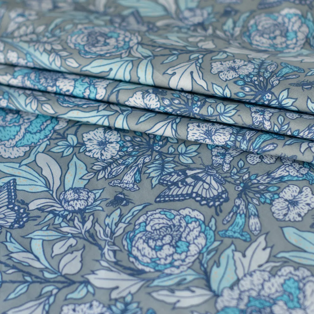 Bountiful Organic Poplin: Peonies Tonal Blue