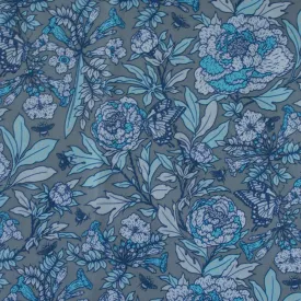 Bountiful Organic Poplin: Peonies Tonal Blue