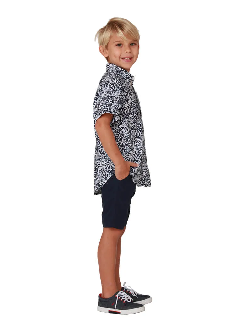 Boys cotton Hawaiian shirt in a primitive print