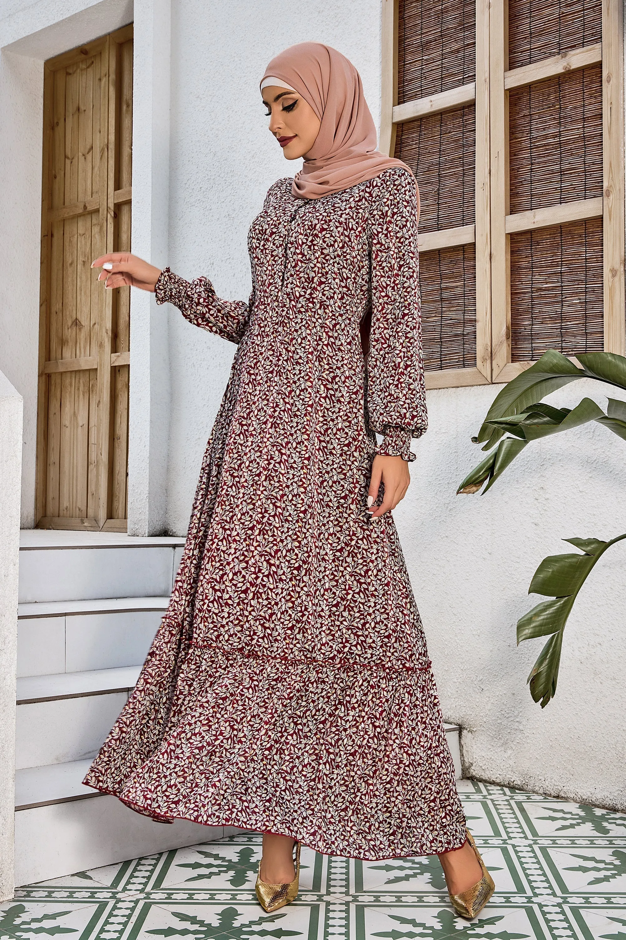 Burgundy Collared Button Down Floral Dress