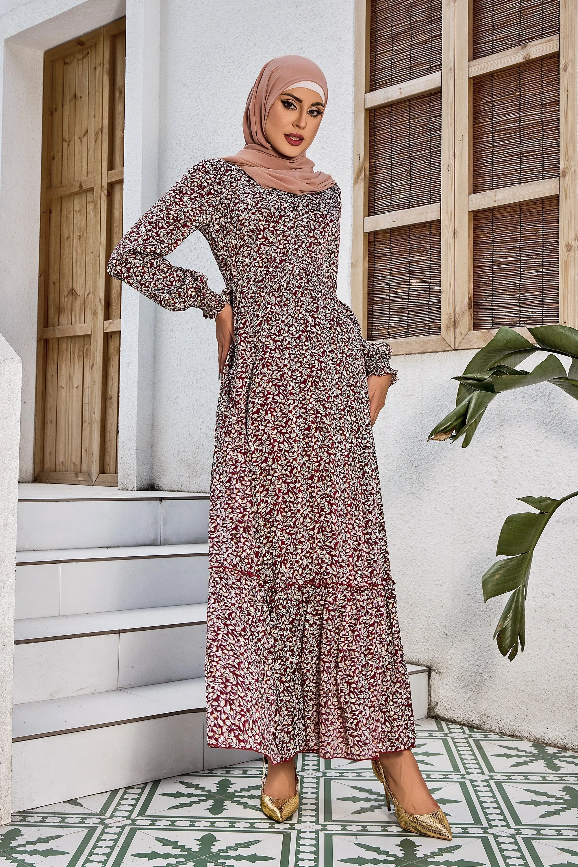 Burgundy Collared Button Down Floral Dress