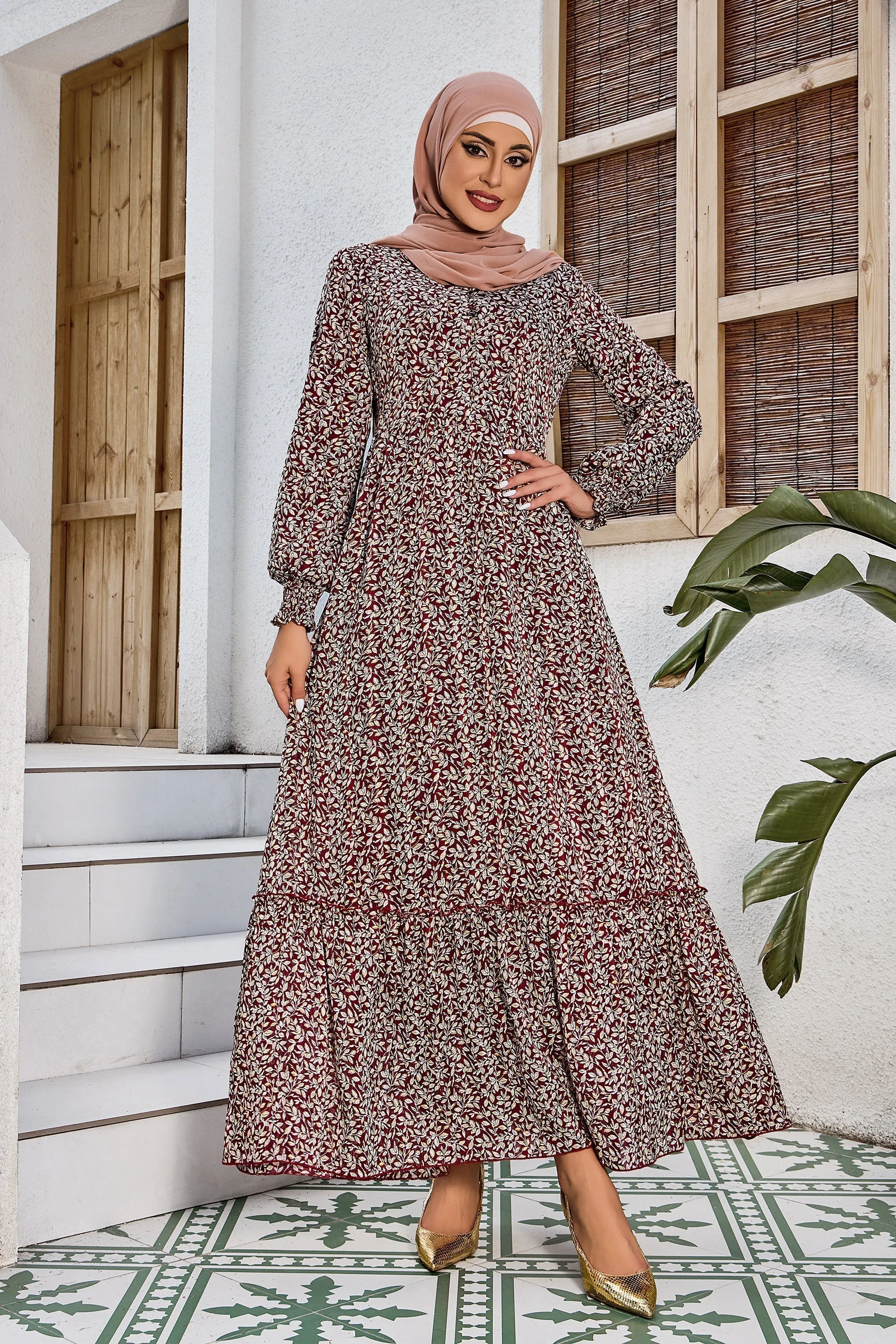 Burgundy Collared Button Down Floral Dress