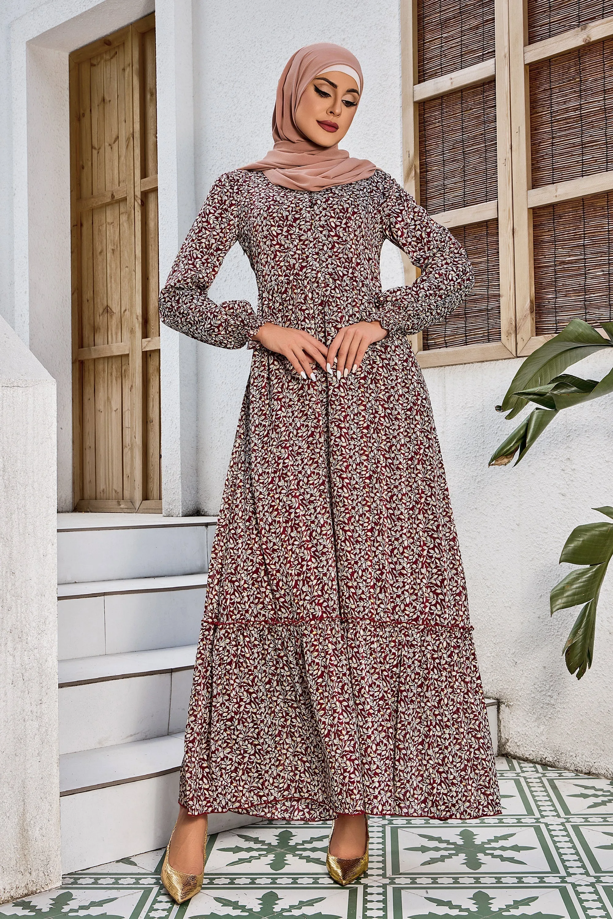 Burgundy Collared Button Down Floral Dress