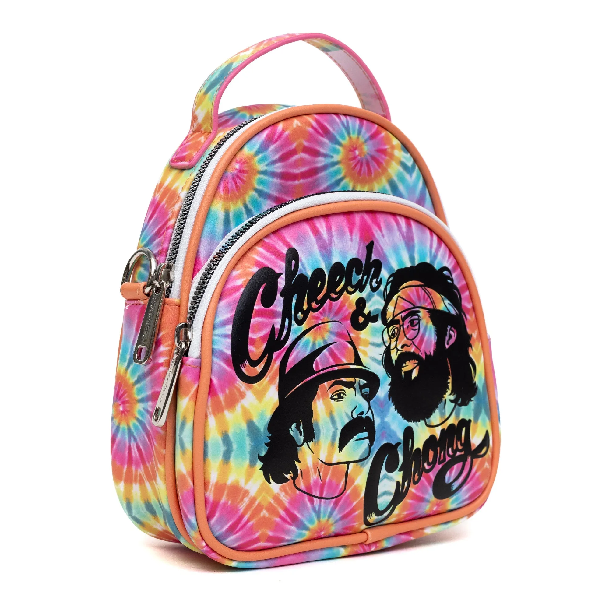 Cheech & Chong Vegan Leather Cross Body Backpack for Men and Women with Adjustable Strap, Faces Debossed Multi Color Tie Dye, Multicolor