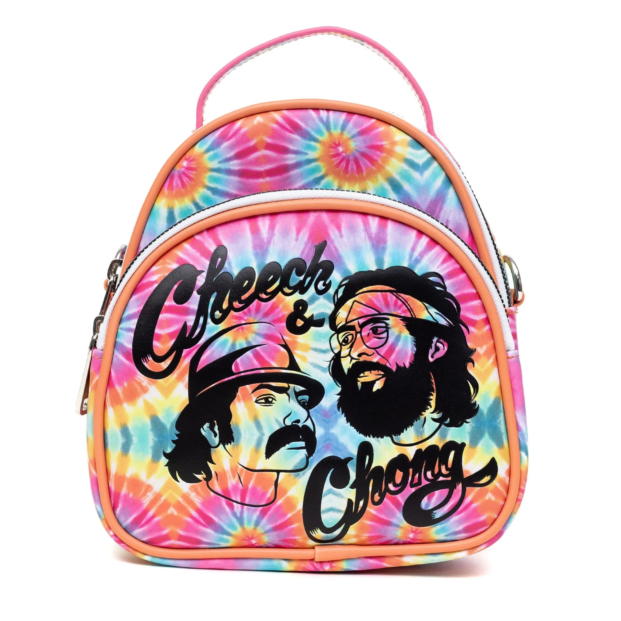 Cheech & Chong Vegan Leather Cross Body Backpack for Men and Women with Adjustable Strap, Faces Debossed Multi Color Tie Dye, Multicolor