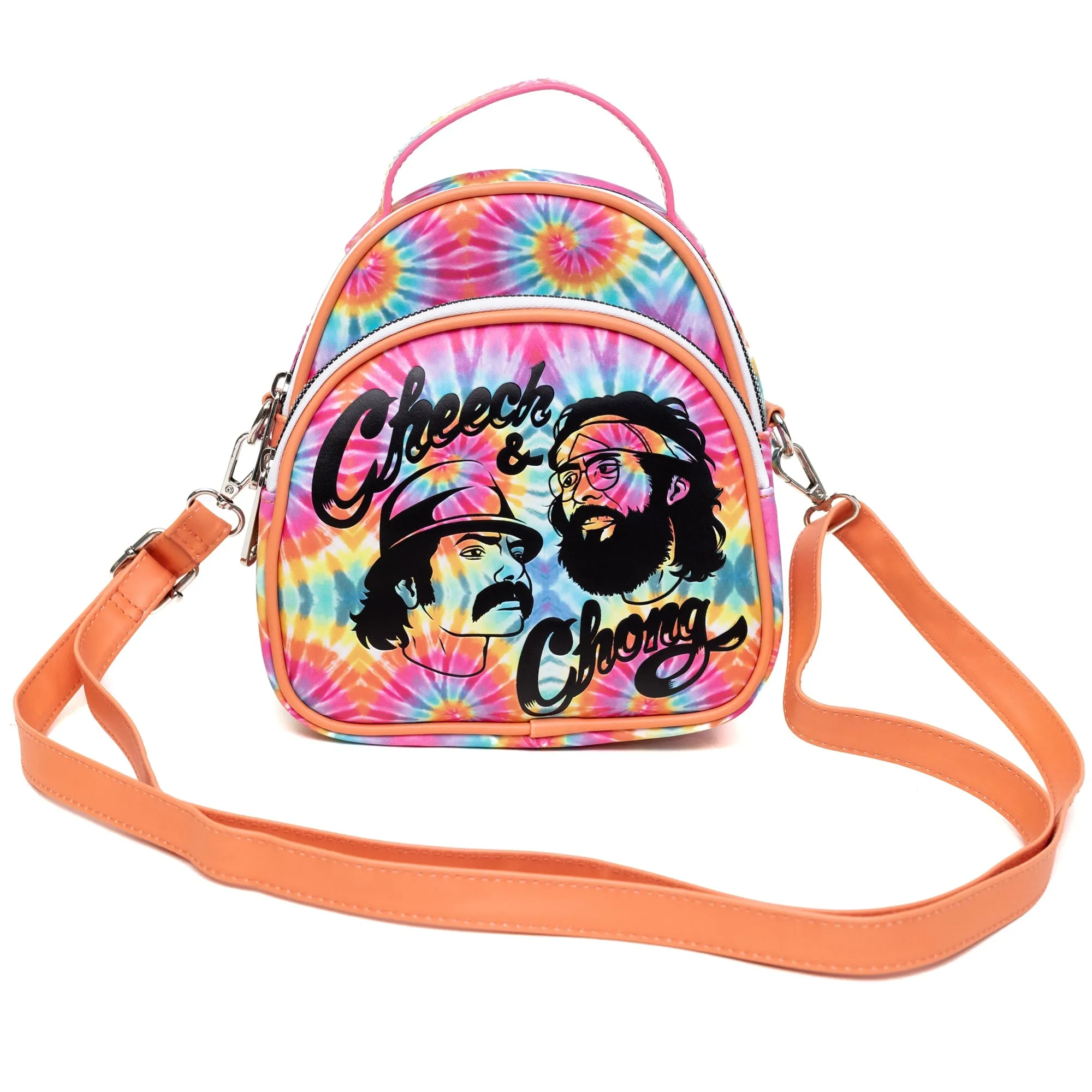 Cheech & Chong Vegan Leather Cross Body Backpack for Men and Women with Adjustable Strap, Faces Debossed Multi Color Tie Dye, Multicolor