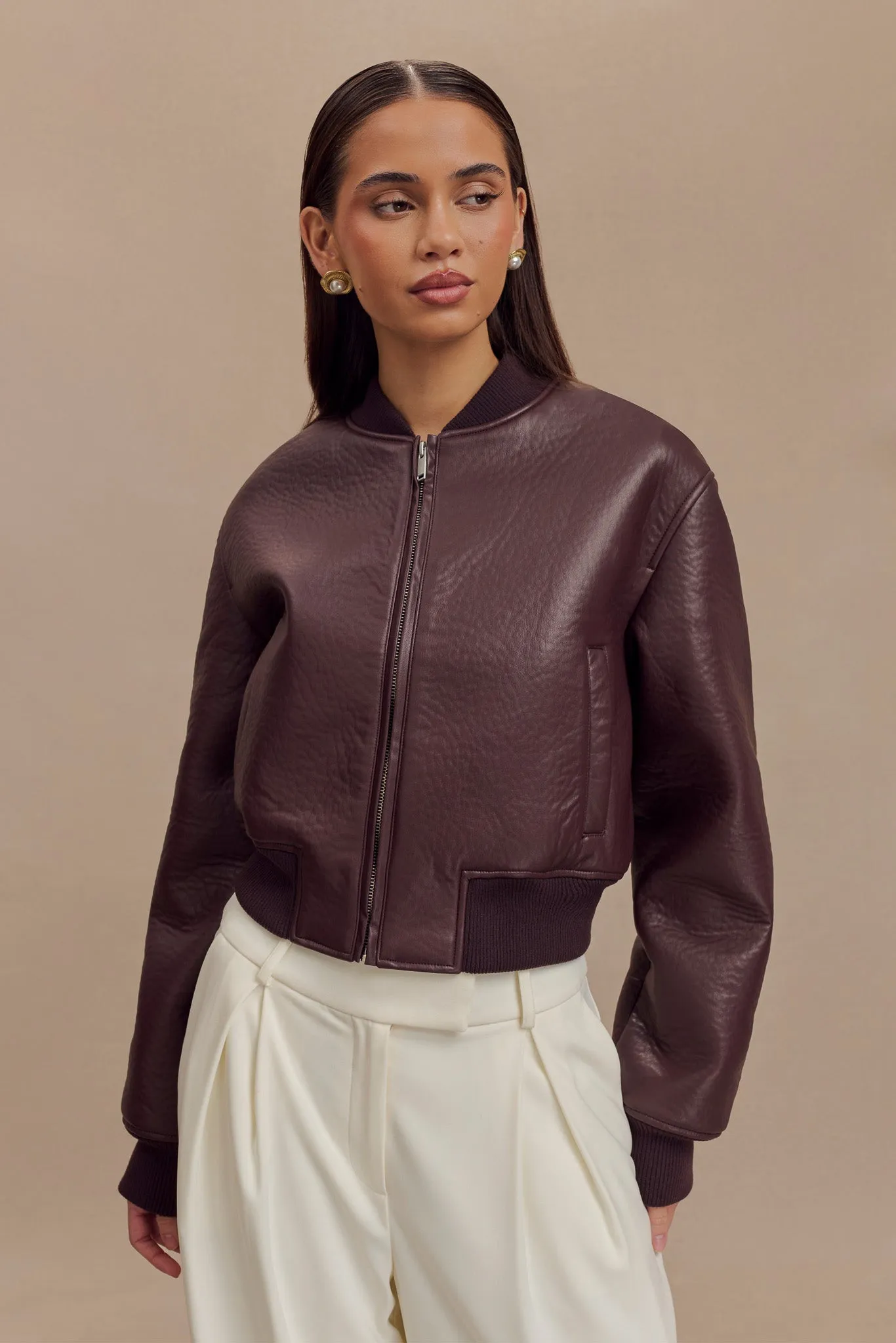 Codi Faux Leather Bomber Jacket - Merlot