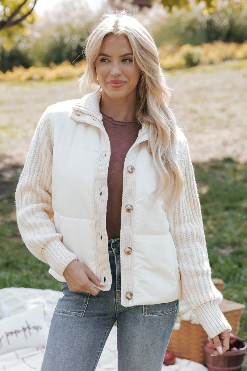 Cream Button Down Hybrid Sweater Jacket