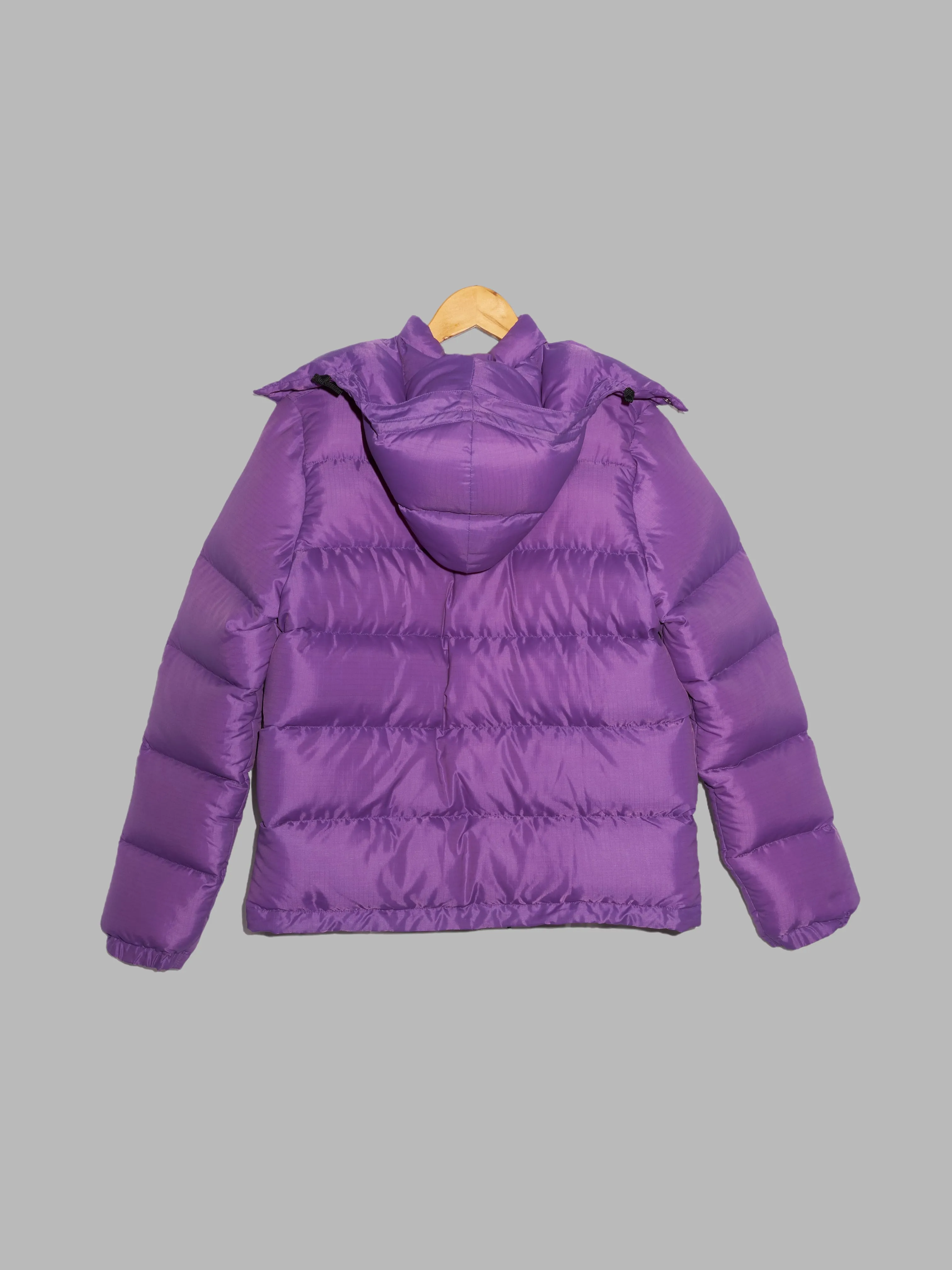 Crescent Down Works purple nylon down hooded puffer jacket