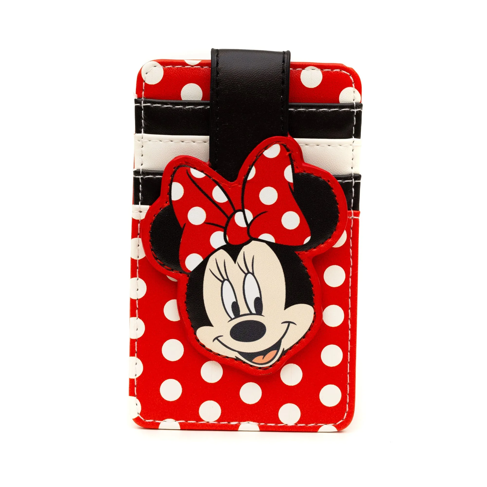 Disney Character Wallet, ID Card Holder, Minnie Mouse Smiling Face, Polka Dot Red White, Vegan Leather, 3.0" x 5.0"