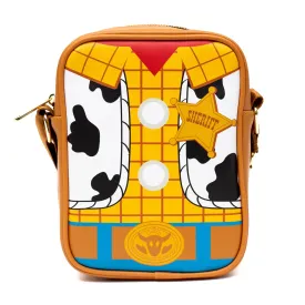 Disney Vegan Leather Cross Body Backpack for Men and Women with Adjustable Strap, Toy Story Woody Doll Chest with Back Close Up Brown