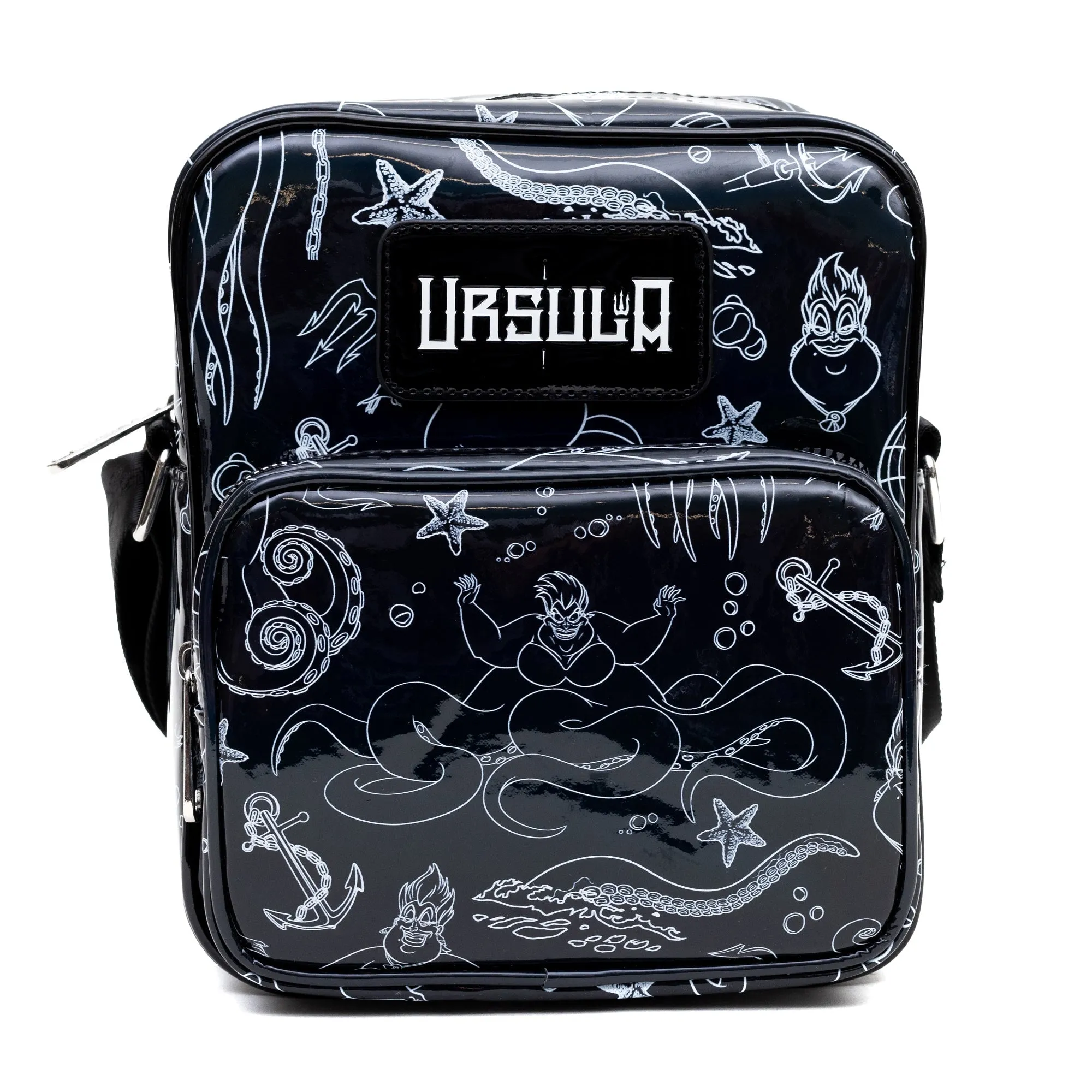 Disney Vegan Leather Cross Body Backpack with Adjustable Strap, The Little Mermaid Villain Ursula Poses Holographic Black/White