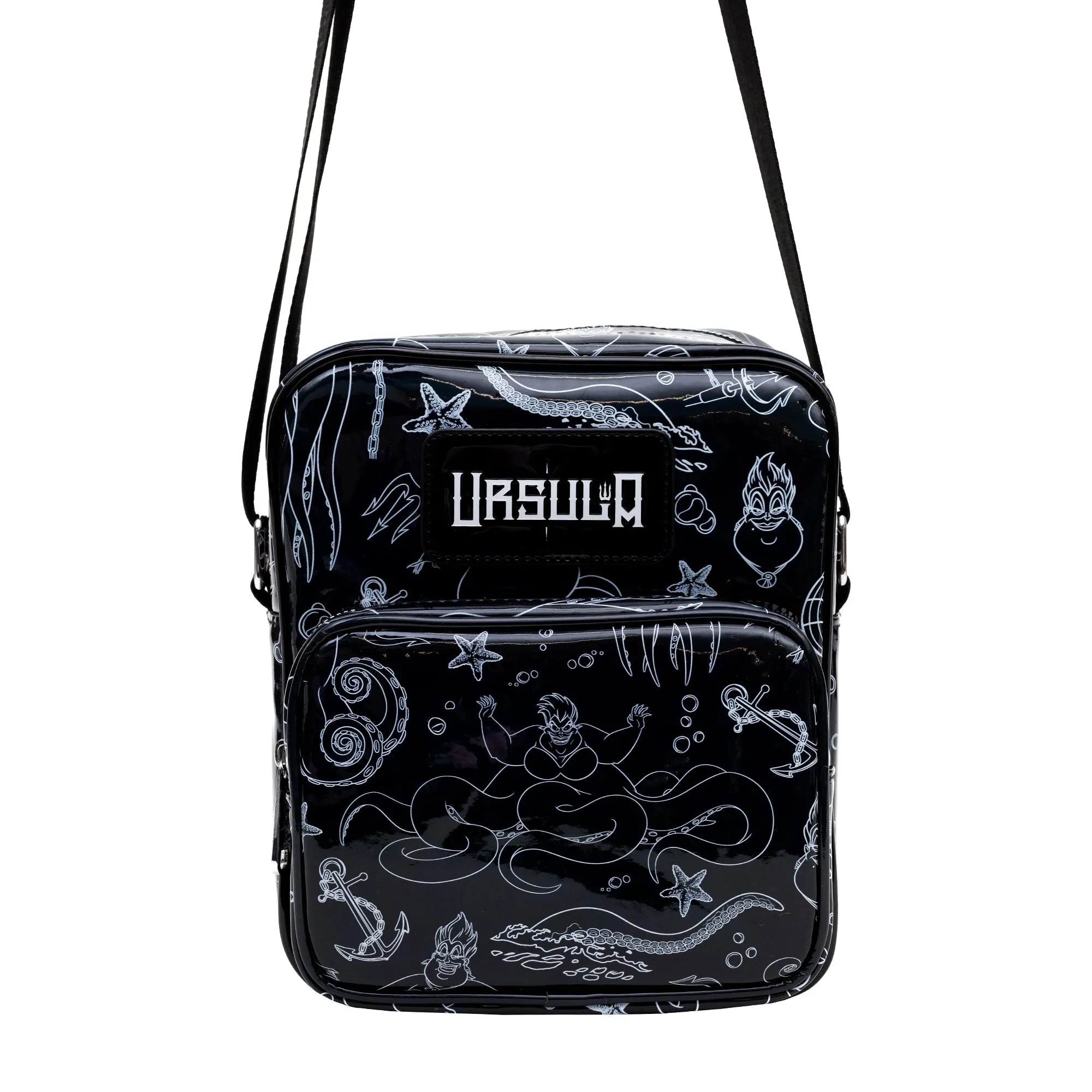 Disney Vegan Leather Cross Body Backpack with Adjustable Strap, The Little Mermaid Villain Ursula Poses Holographic Black/White