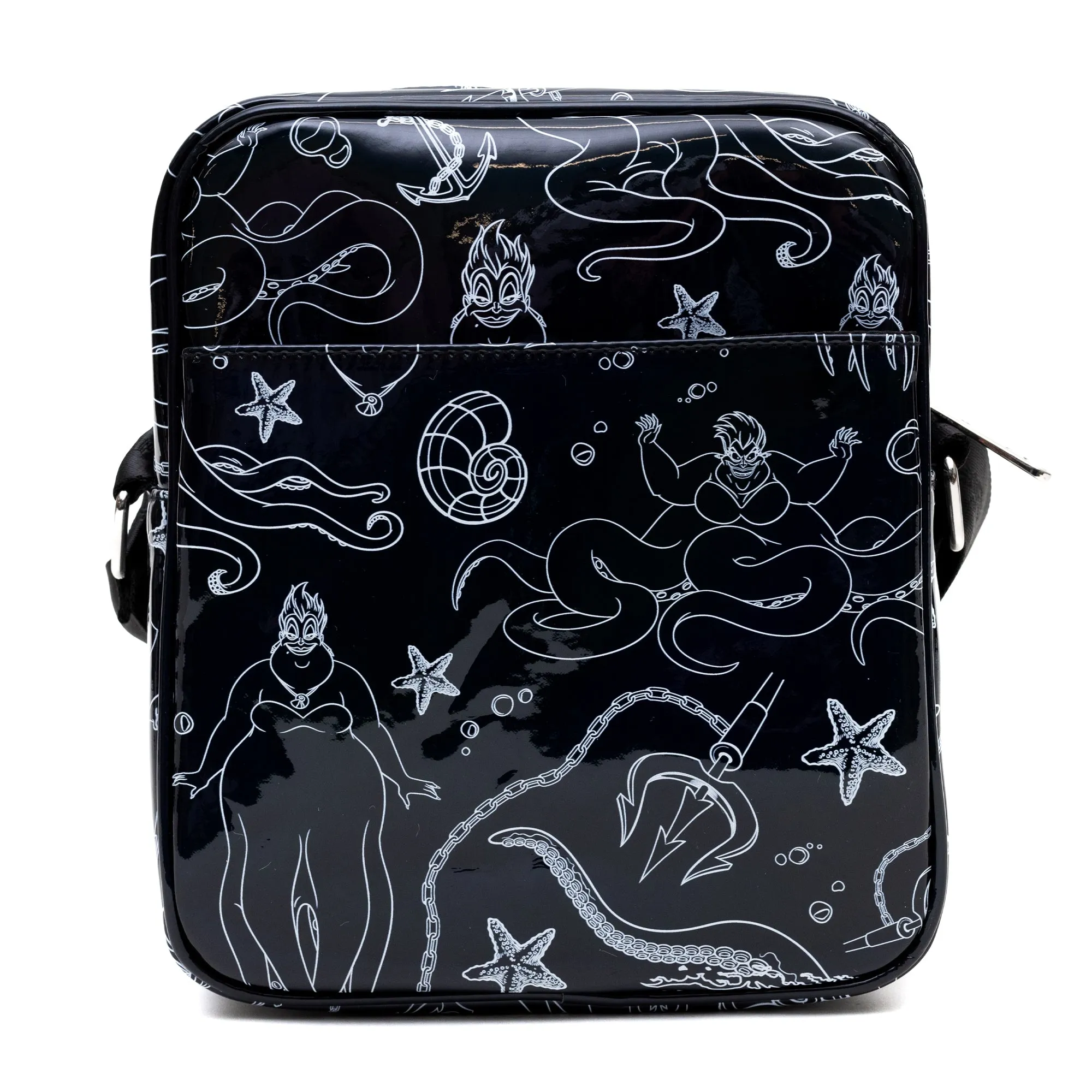 Disney Vegan Leather Cross Body Backpack with Adjustable Strap, The Little Mermaid Villain Ursula Poses Holographic Black/White