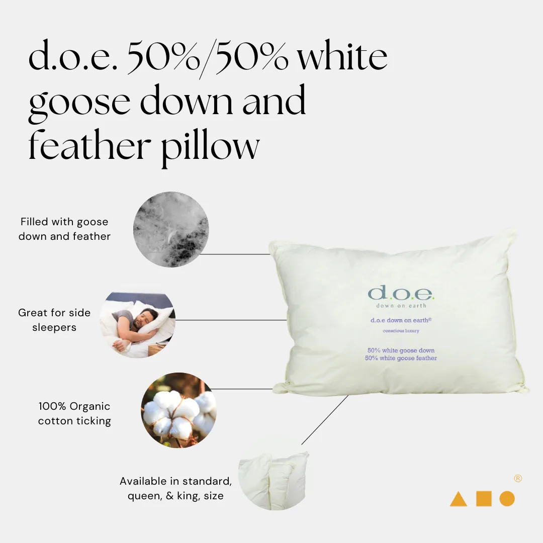 d.o.e. earth® 50%-50% goose down and feather pillow with organic cotton ticking