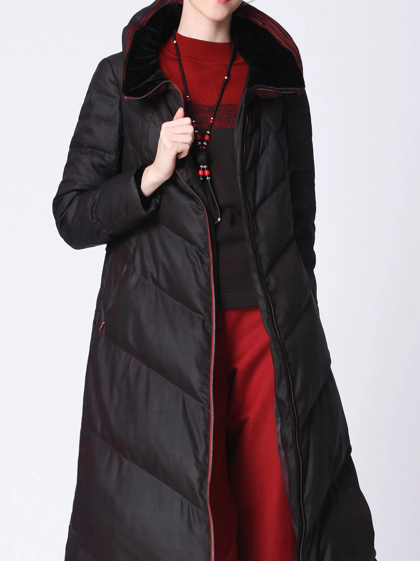 Elastic TANGY Silk Stripe Collar Stitch Long Goose Down Jacket