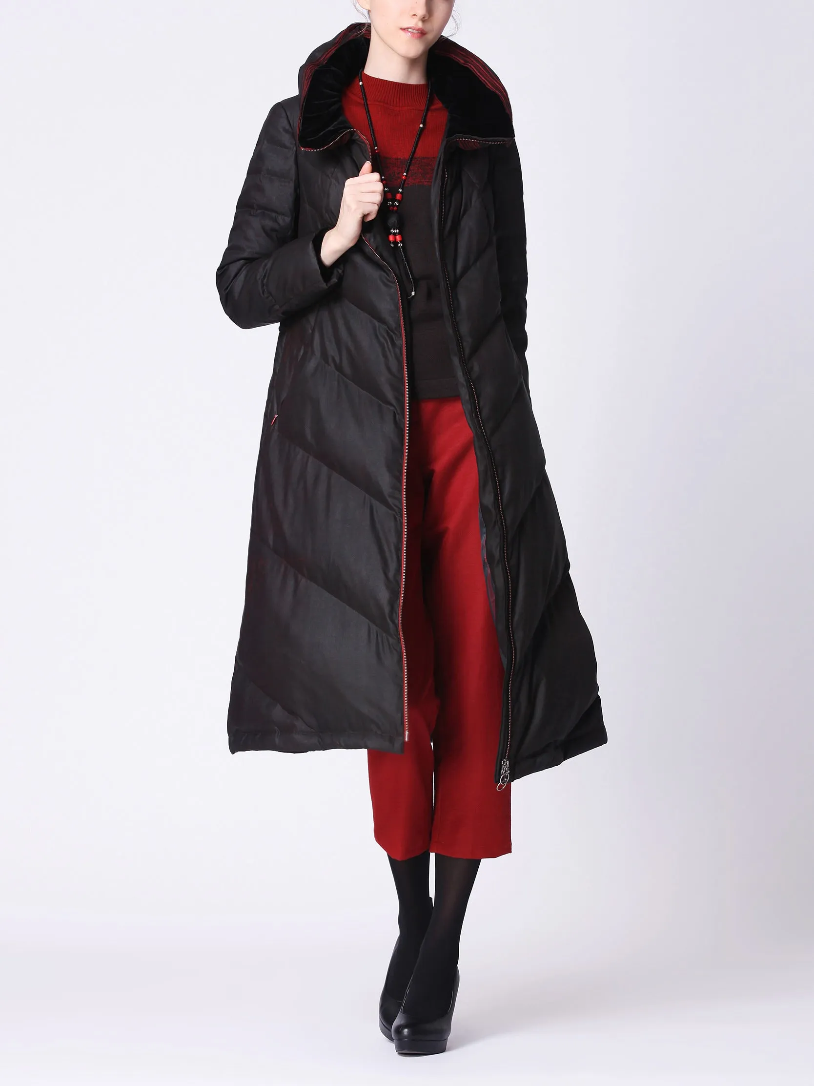 Elastic TANGY Silk Stripe Collar Stitch Long Goose Down Jacket