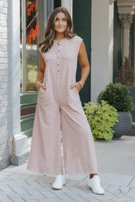 Fall Picnic Striped Wide Leg Jumpsuit - Taupe