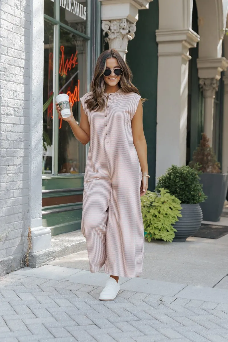 Fall Picnic Striped Wide Leg Jumpsuit - Taupe