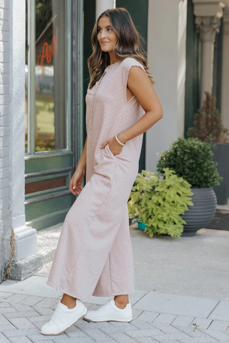 Fall Picnic Striped Wide Leg Jumpsuit - Taupe