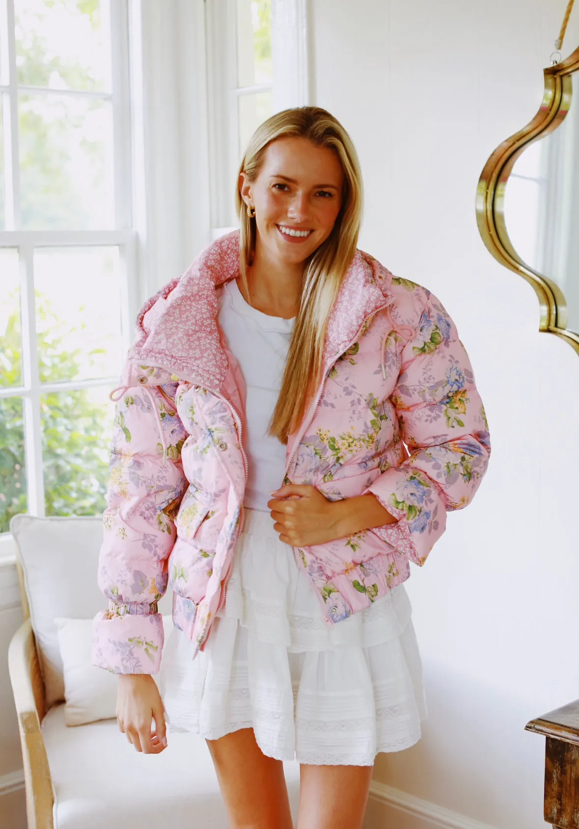 Fancy Florals Puffer Jacket - Pink