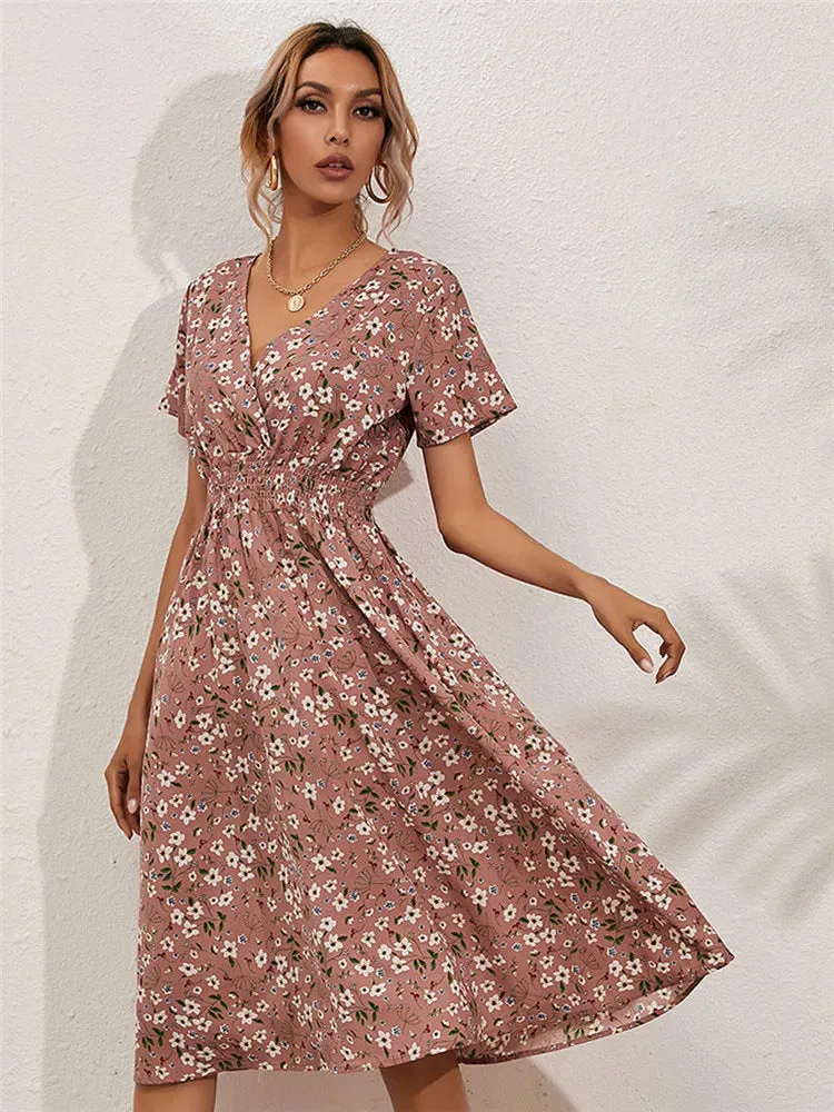 Fashion Summer 2024 for Women Long Short Sleeve Female Chic Clothing Floral Holiday Clothes Midi Dress