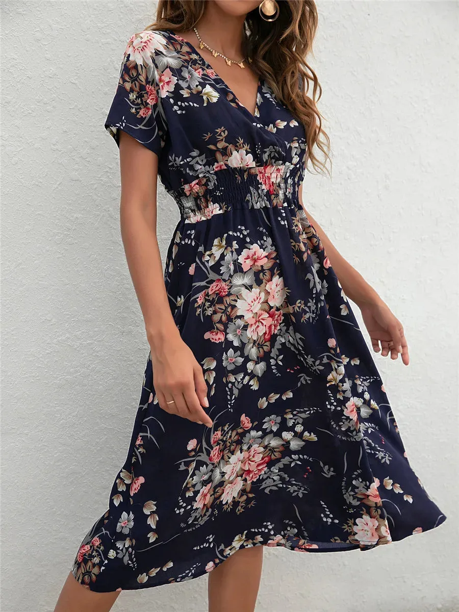 Fashion Summer 2024 for Women Long Short Sleeve Female Chic Clothing Floral Holiday Clothes Midi Dress