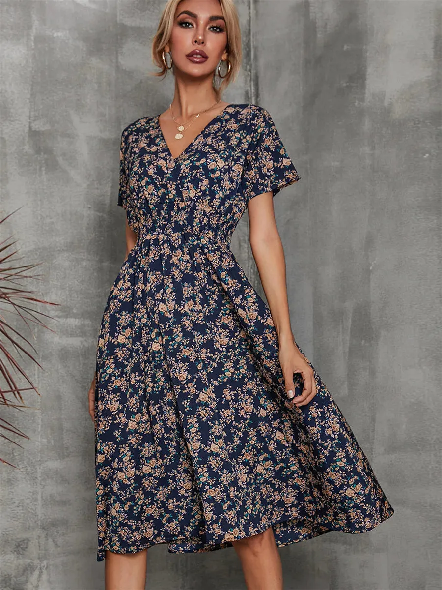 Fashion Summer 2024 for Women Long Short Sleeve Female Chic Clothing Floral Holiday Clothes Midi Dress