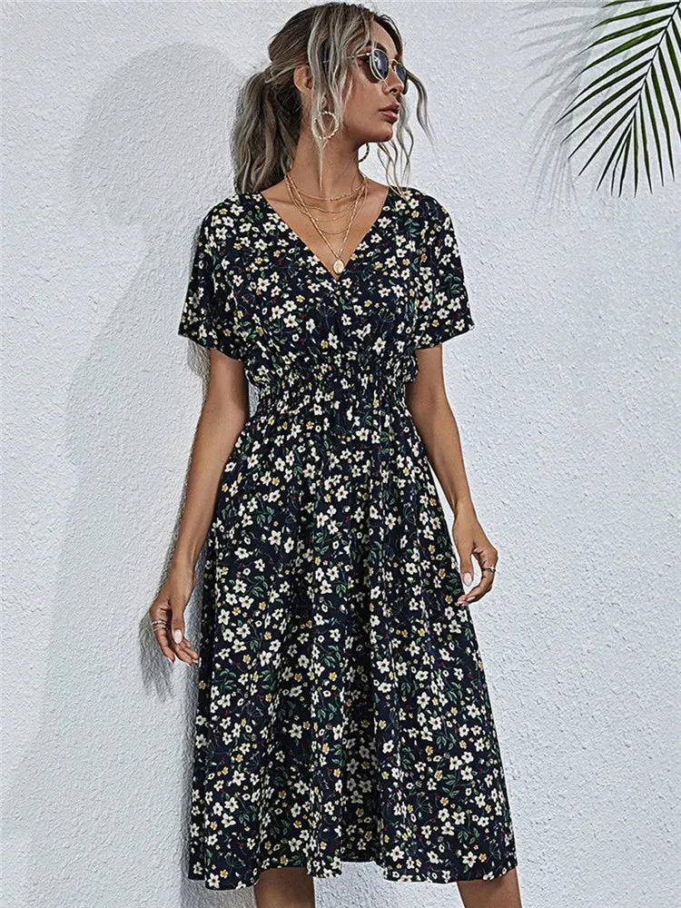 Fashion Summer 2024 for Women Long Short Sleeve Female Chic Clothing Floral Holiday Clothes Midi Dress