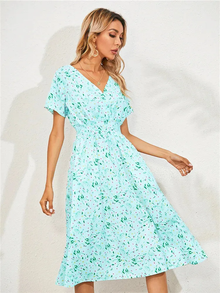 Fashion Summer 2024 for Women Long Short Sleeve Female Chic Clothing Floral Holiday Clothes Midi Dress