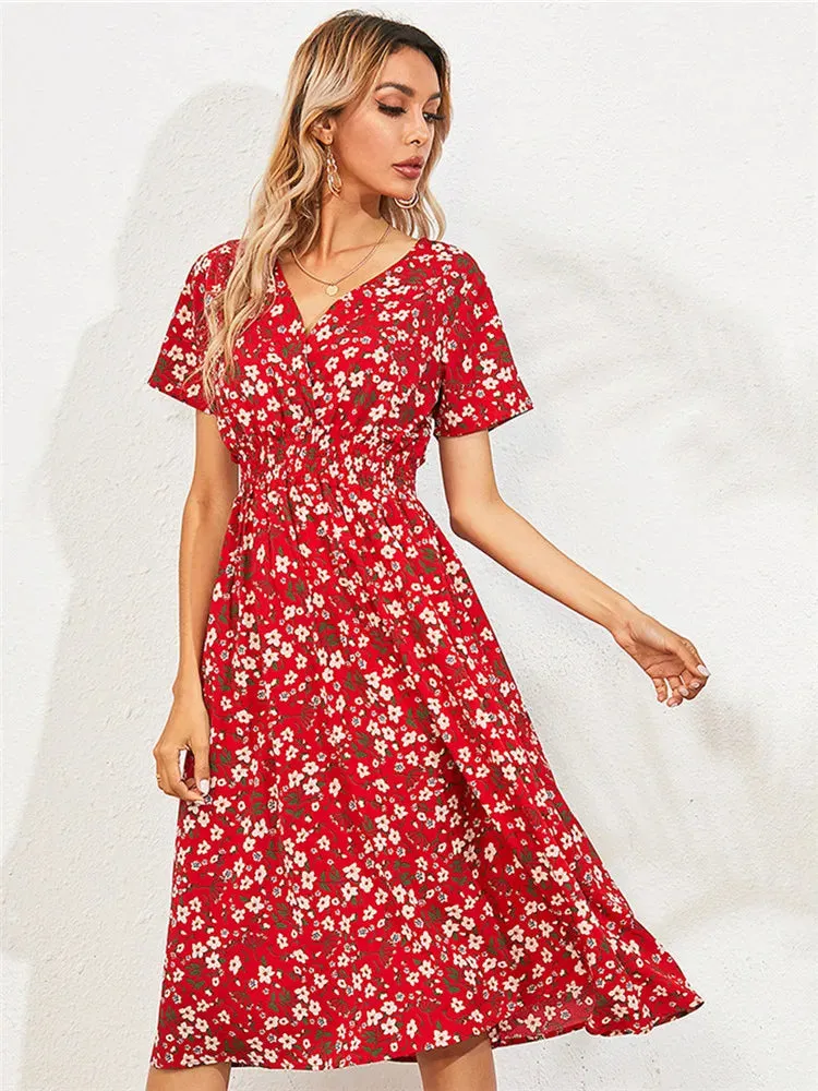 Fashion Summer 2024 for Women Long Short Sleeve Female Chic Clothing Floral Holiday Clothes Midi Dress