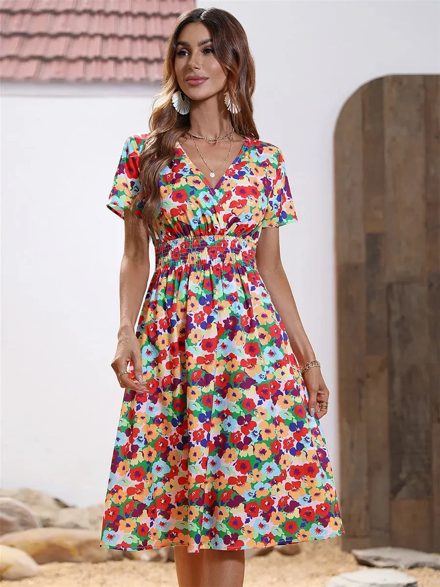 Fashion Summer 2024 for Women Long Short Sleeve Female Chic Clothing Floral Holiday Clothes Midi Dress