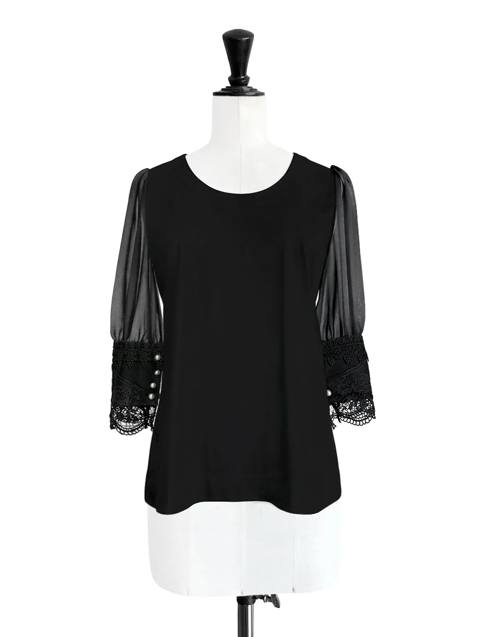 Final Sale! Black Puff Mesh Sleeves Lace Cuff Jersey Top