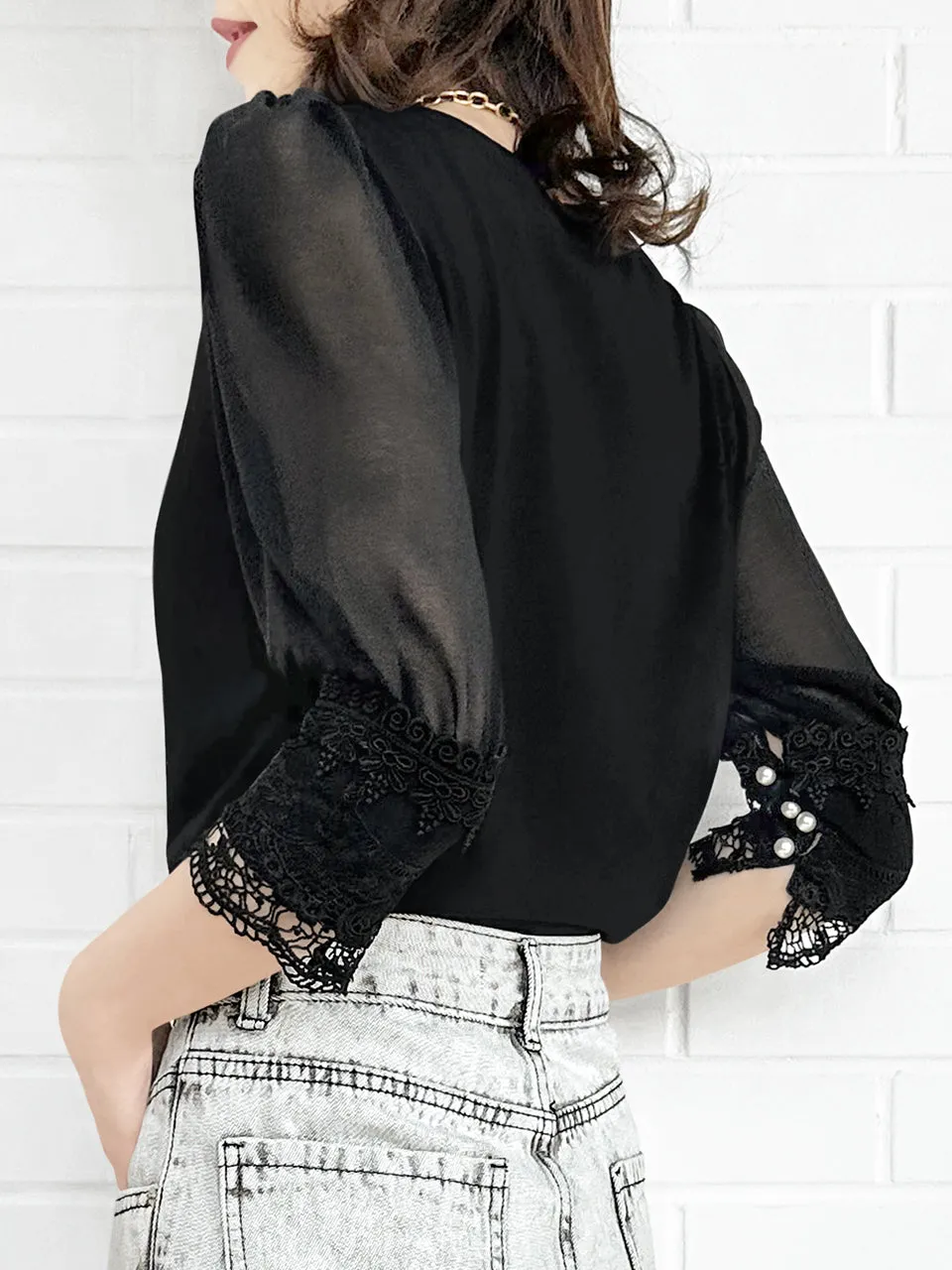 Final Sale! Black Puff Mesh Sleeves Lace Cuff Jersey Top