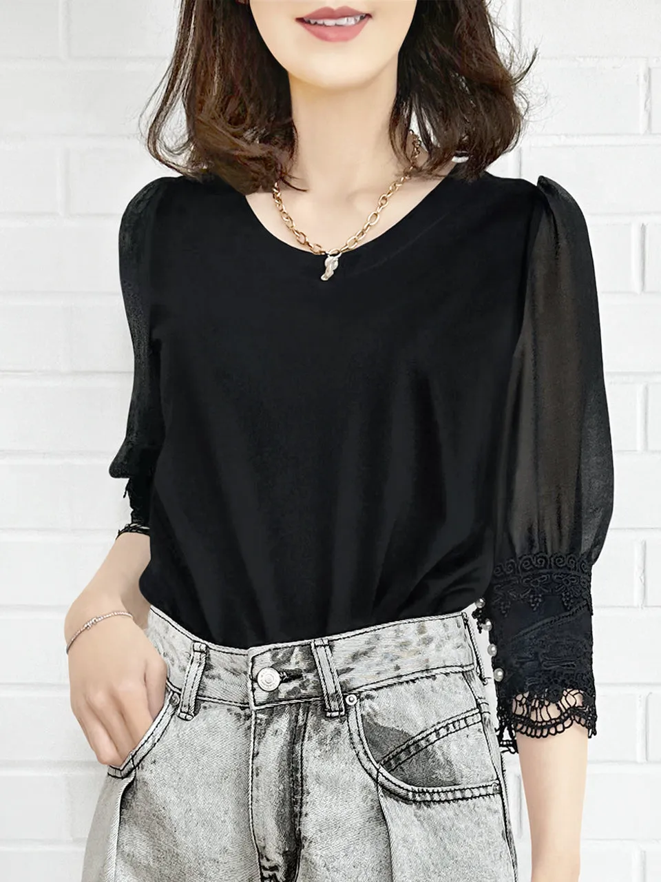 Final Sale! Black Puff Mesh Sleeves Lace Cuff Jersey Top