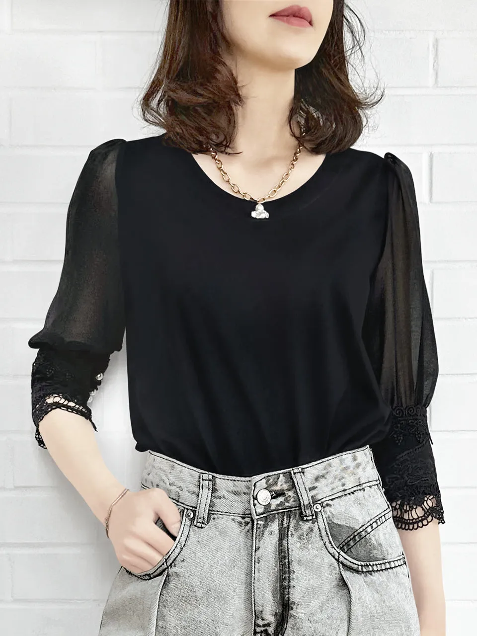 Final Sale! Black Puff Mesh Sleeves Lace Cuff Jersey Top