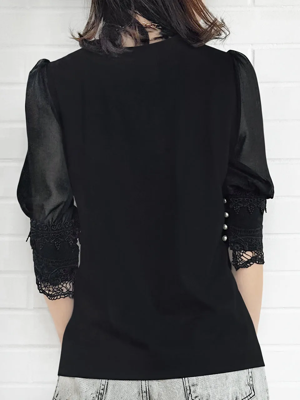 Final Sale! Black Puff Mesh Sleeves Lace Cuff Jersey Top