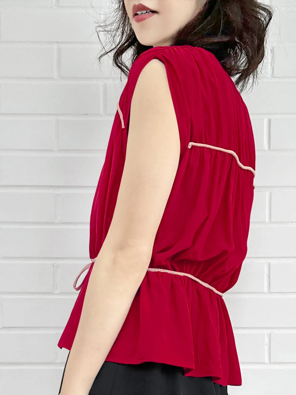 Final Sale! Lipstick Red Ruched Drawstring Waist Silk Blouse