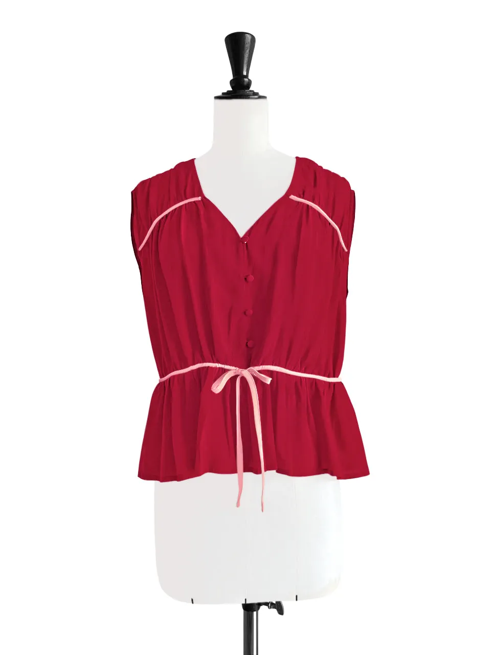 Final Sale! Lipstick Red Ruched Drawstring Waist Silk Blouse