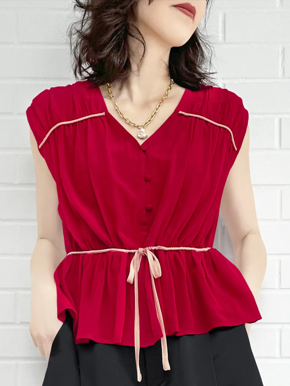 Final Sale! Lipstick Red Ruched Drawstring Waist Silk Blouse