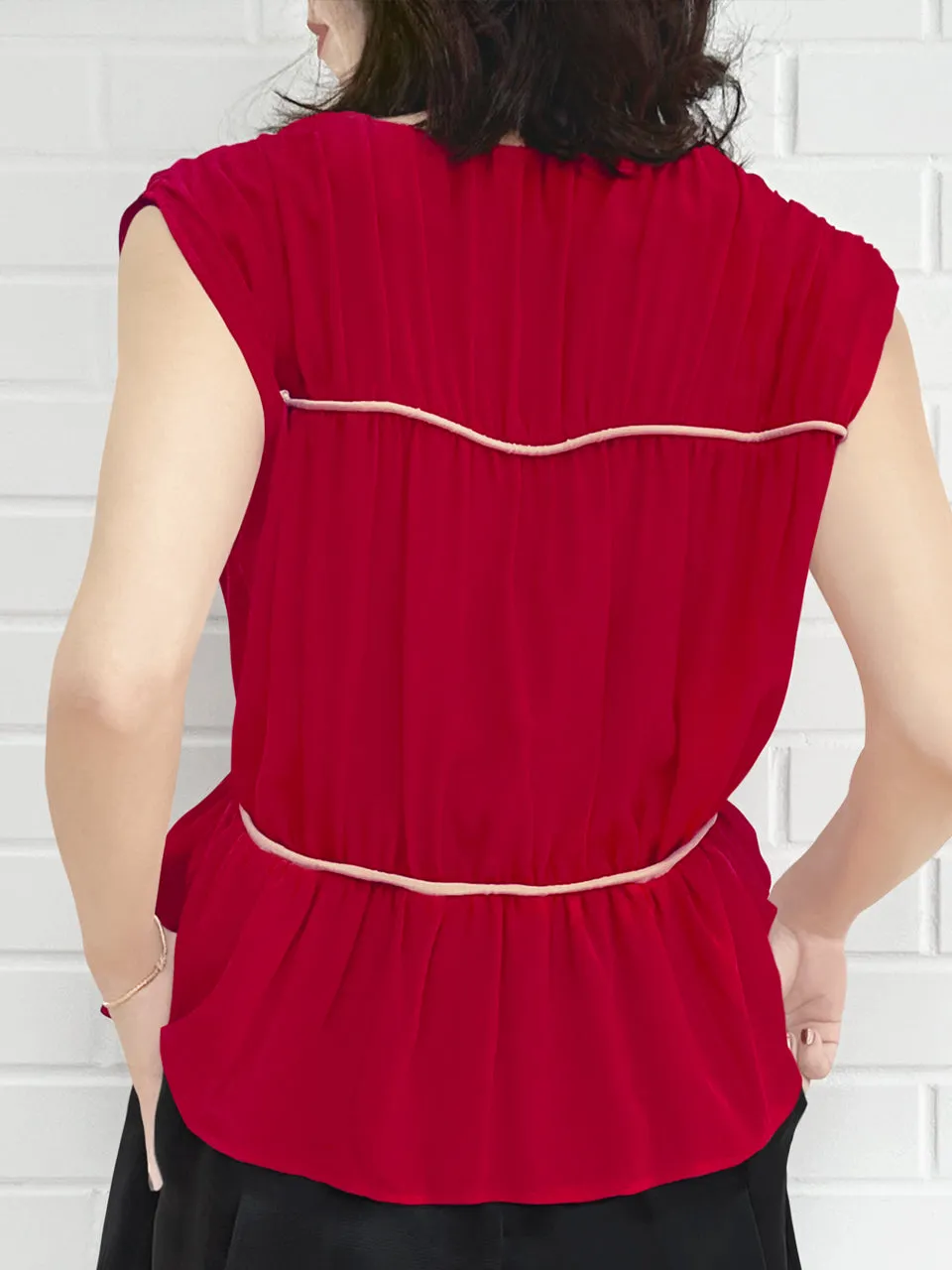 Final Sale! Lipstick Red Ruched Drawstring Waist Silk Blouse