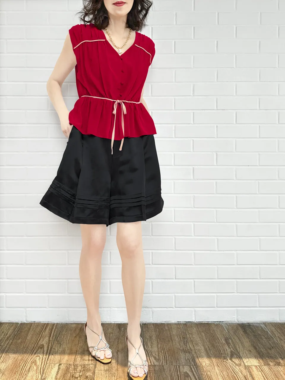 Final Sale! Lipstick Red Ruched Drawstring Waist Silk Blouse